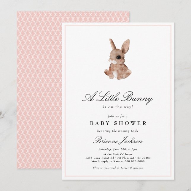 Elegant Little Bunny Blush Pink Girl Baby Shower Invitation (Front/Back)