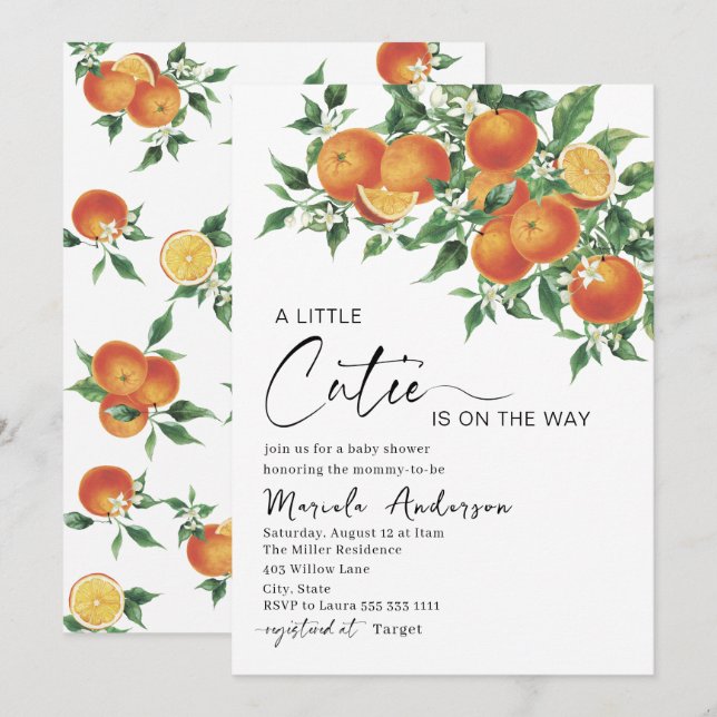 Elegant Little Cutie Citrus Orange Watercolor  Bab Invitation (Front/Back)