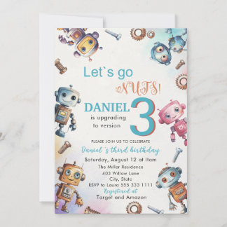 Elegant Little Robot Watercolor Baby 3 Birthday P Invitation