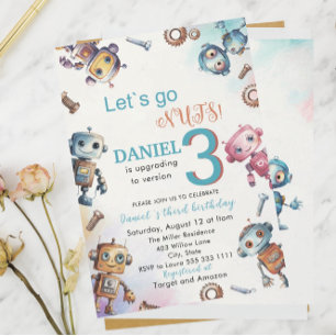 Elegant Little Robot Watercolor  Baby 3 Birthday P Invitation