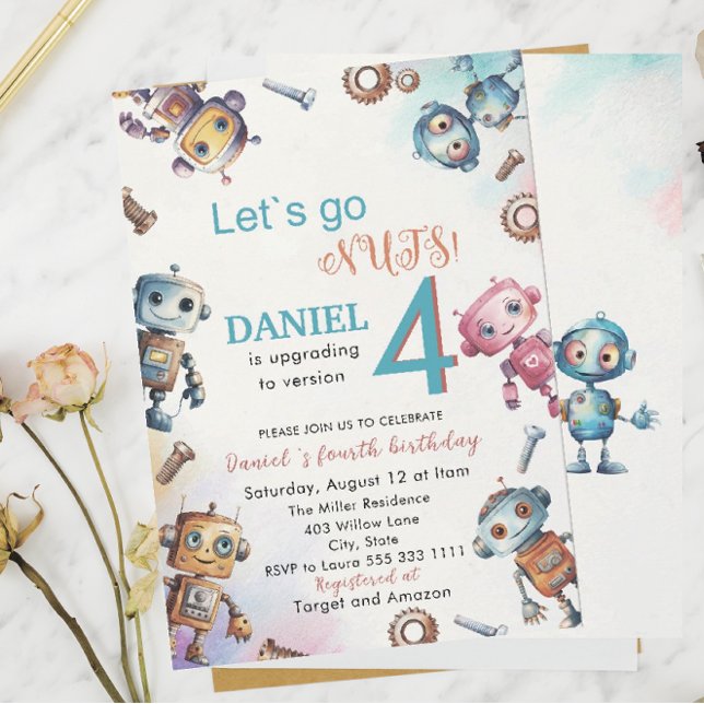 Elegant Little Robot Watercolor  Baby Birthday Par Invitation (Creator Uploaded)