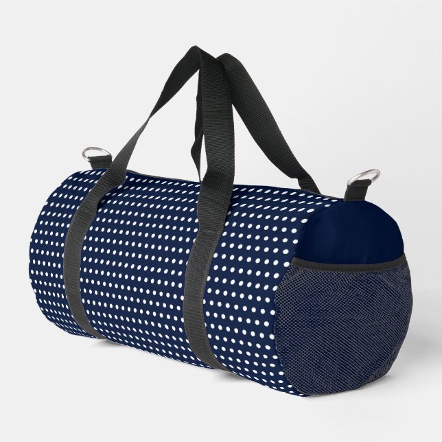 Elegant Little White Dots Pattern On Dark Blue Duffle Bag (Right Corner)