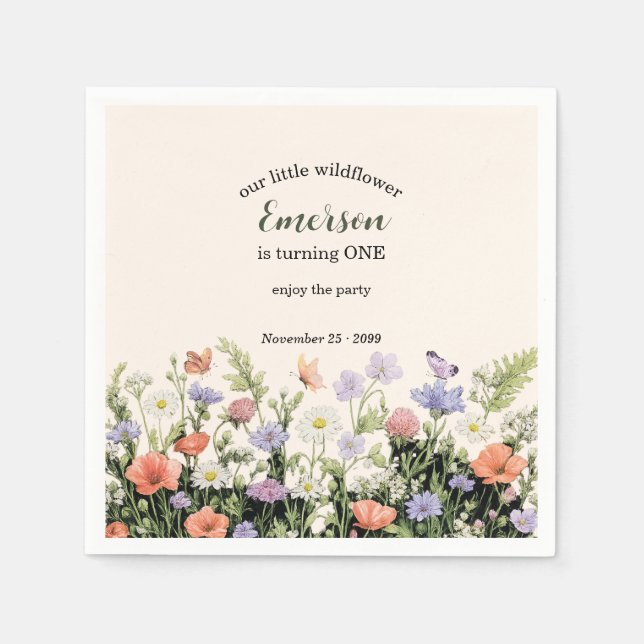 Elegant Little Wildflower 1st Birthday Party Napkin (Front)
