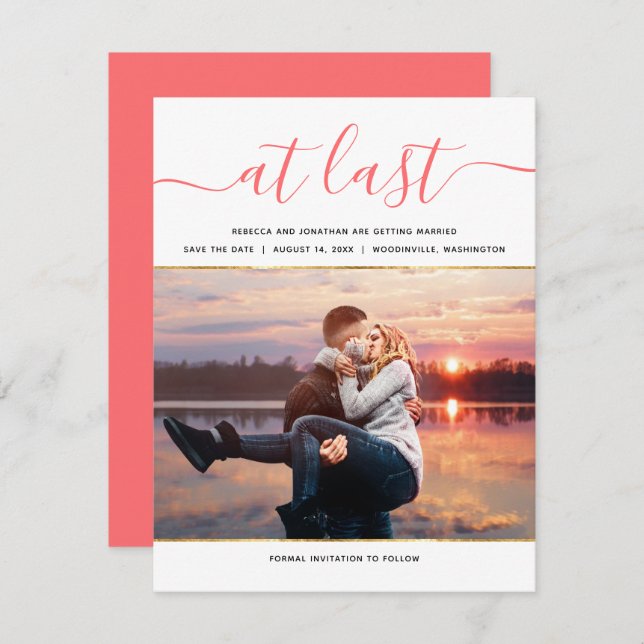 Elegant Living Coral Photo Modern Save the Date Invitation (Front/Back)