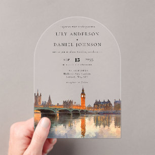Elegant London Skyline Watercolor Wedding Arch Acrylic Invitations