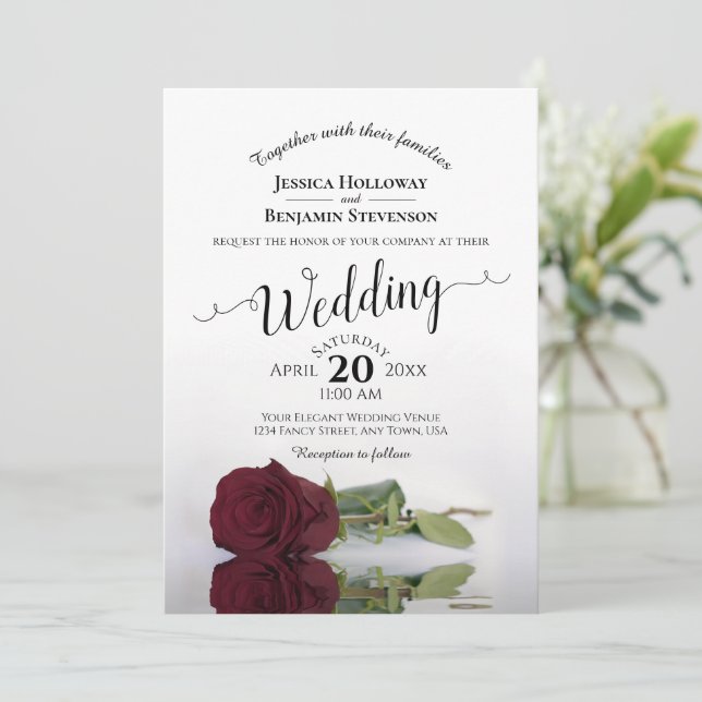 Elegant Long Stemmed Burgundy Rose Wedding Invitation (Standing Front)