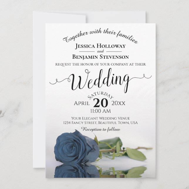 Elegant Long Stemmed Dusty Steel Blue Rose Wedding Invitation (Front)