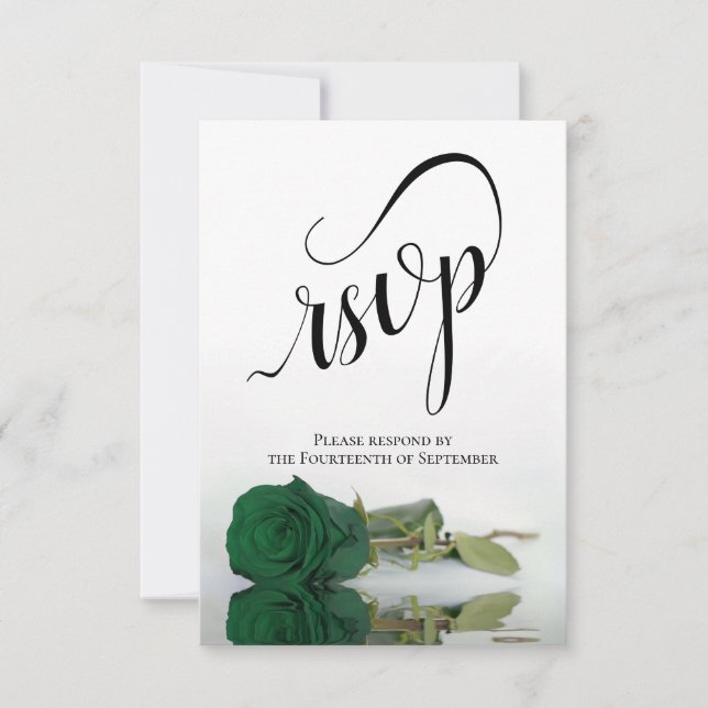 Elegant Long-Stemmed Emerald Green Rose Wedding RSVP Card (Front)