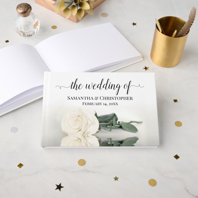 Elegant Long Stemmed Ivory White Rose Wedding Guest Book (Front Open)