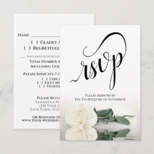 Elegant Long-Stemmed Ivory White Rose Wedding RSVP Card