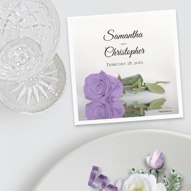 Elegant Long Stemmed Lavender Purple Rose Wedding Napkin (In Situ with Plate)