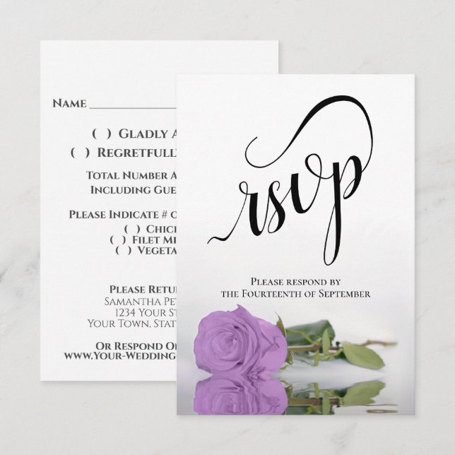 Elegant Long-Stemmed Lilac Purple Rose Wedding RSVP Card (Front/Back)