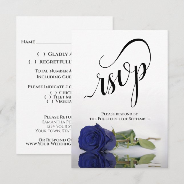 Elegant Long-Stemmed Navy Blue Rose Wedding RSVP Card (Front/Back)