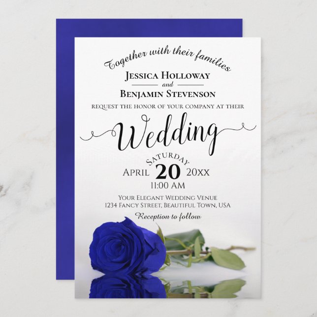 Elegant Long Stemmed Royal Blue Rose Wedding Invitation (Front/Back)