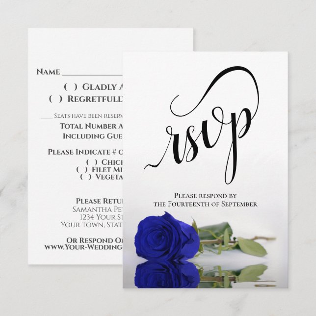 Elegant Long-Stemmed Royal Blue Rose Wedding RSVP Card (Front/Back)