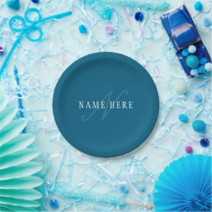Elegant Looking Monogram   Ocean Blue Paper Plate