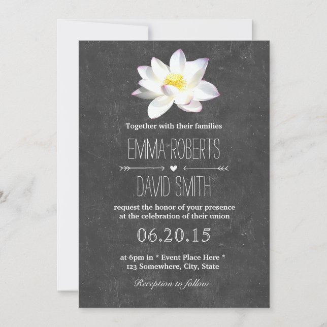 Elegant Lotus Floral Rustic Chalkboard Wedding Invitation (Front)