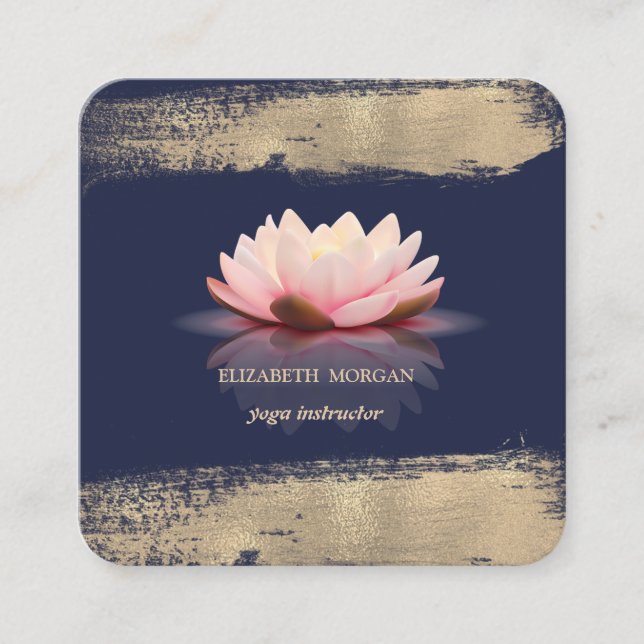 Elegant Lotus Flower Faux Gold Brush Stroke Square Business Card (Front)