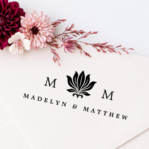 Elegant lotus flower monogram initials & names rubber stamp