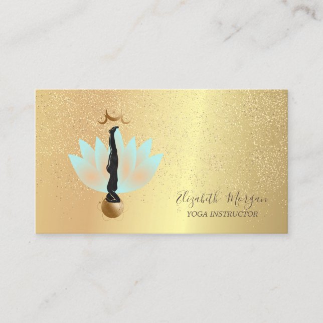 Elegant Lotus Gold Confetti Yoga Silhouette Moon Business Card (Front)