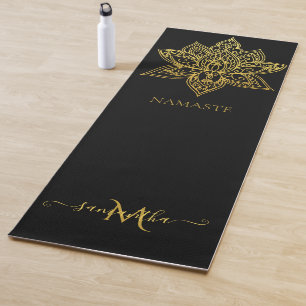 Elegant Lotus Gold Mandala Monogram Black Yoga Mat