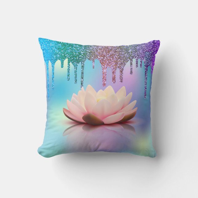 Elegant Lotus Holographic Glitter Drips Cushion (Front)