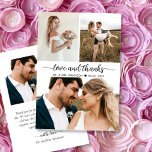 Elegant Love and Thanks 3 Photo Collage Wedding  Thank You Card<br><div class="desc">Modern, Elegant "Love and Thanks" Script 3 Photo Collage Wedding thank You Card. Stylish thank you card template featuring 3 photo on the front and 1 photo on the back. Featuring a "Love and Thanks" text in a swirly hand lettered typography swash tail font script font in black on white...</div>