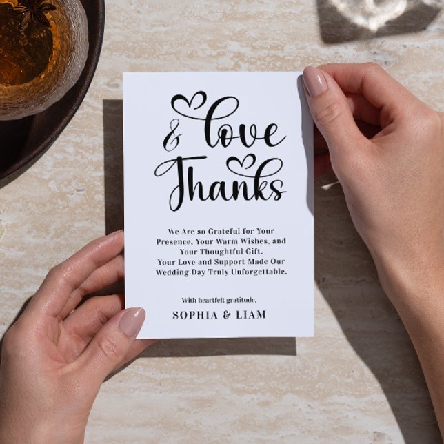 Elegant Love and Thanks Heart Script Wedding  Thank You Card (Elegant Love and Thanks Heart Script Wedding Thank You Card black and white simple wedding heart )