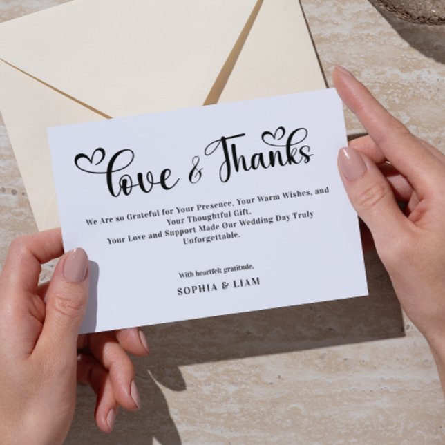 Elegant Love and Thanks Heart Script Wedding  Thank You Card (love and thanks wedding thank you cards elegant black and white script calligraphy modern simple )