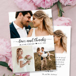 Elegant Love and Thanks Script Collage Wedding  Thank You Card<br><div class="desc">Elegant, Minimalist, Modern Hand Written "Love and Thanks" Script Photo Collage Card. Stylish wedding thank you card template featuring three (3) photo on the front and one (1) photo on the back. Featuring a "Love and Thanks" text in a swirly hand lettering typography or calligraphy script swash tail font in...</div>