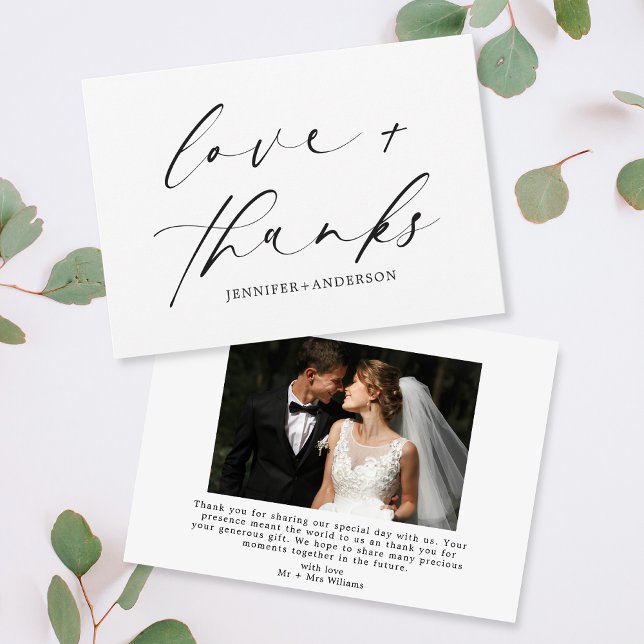 Elegant Love and Thanks Script Photo Wedding Thank You Card (Creator Uploaded)
