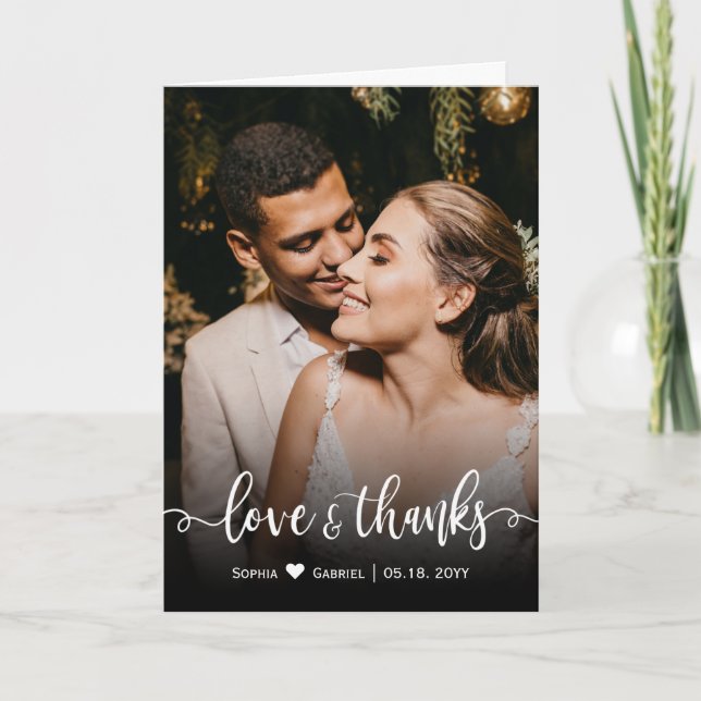Elegant Love and Thanks Script Photo Wedding Thank You Card (Front)