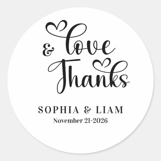 Elegant Love and Thanks Script Wedding Classic Round Sticker (Front)