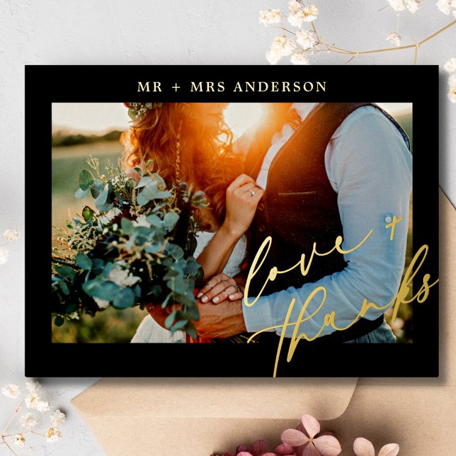 Elegant Love and Thanks Script Wedding Photo Foil Holiday Postcard (Creator Uploaded)