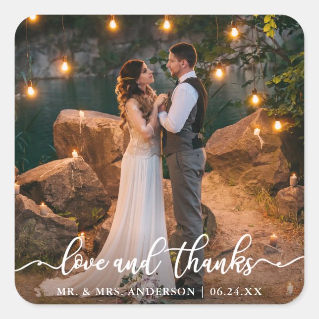 Elegant Love and Thanks Script | Wedding Photo Square Sticker (Front)
