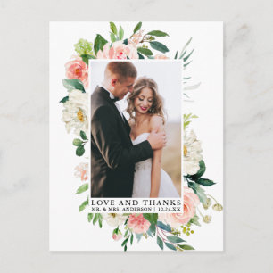 Elegant Love and Thanks Watercolor Pink Floral Postcard