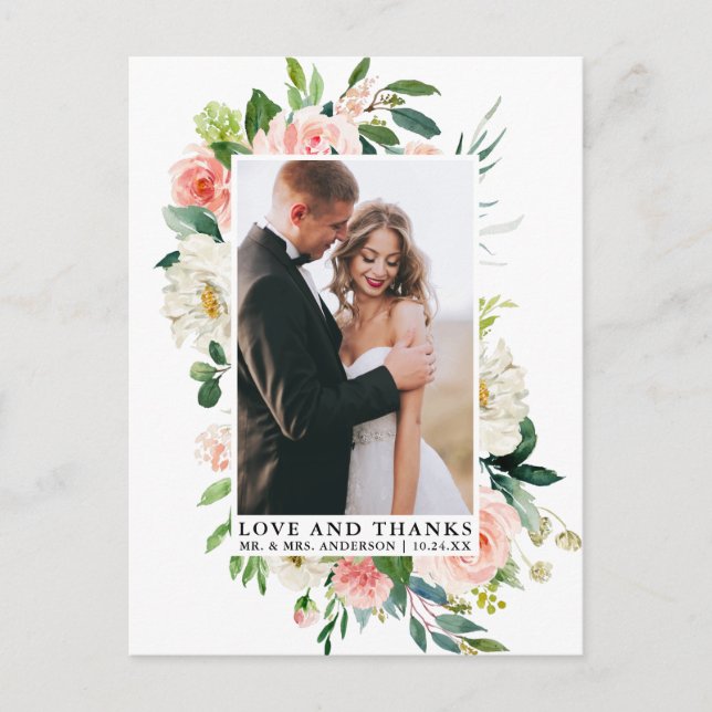Elegant Love and Thanks Watercolor Pink Floral Postcard (Front)