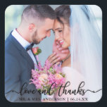 Elegant Love and Thanks Wedding Photo Blk Square Sticker<br><div class="desc">Love and Thanks Wedding Thank You Photo Sticker - Elegant Black Script</div>