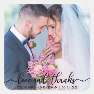 Elegant Love and Thanks Wedding Photo Blk Square Sticker