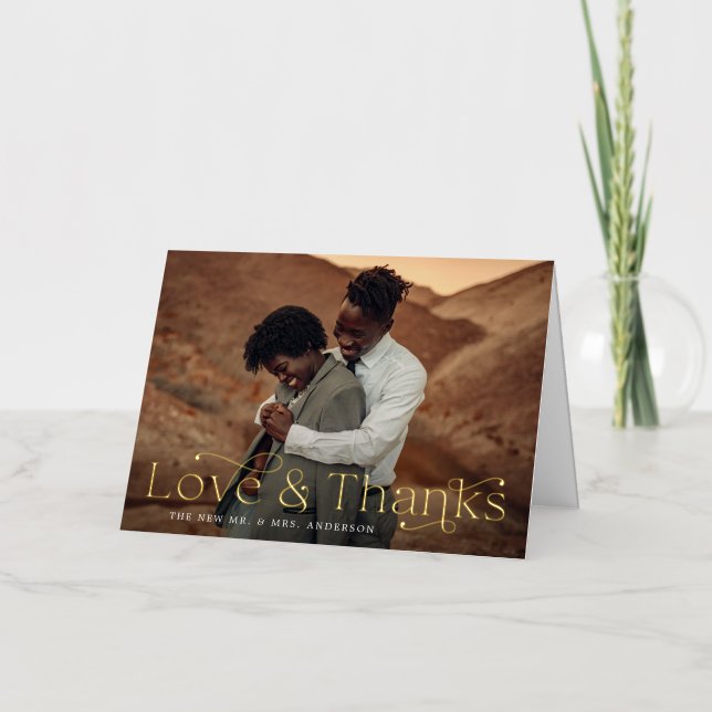 Elegant Love and Thanks Wedding Photo Thank You Foil Greeting Card (Front)