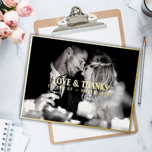 Elegant Love and Thanks Wedding Photo Thank You Foil Holiday Postcard