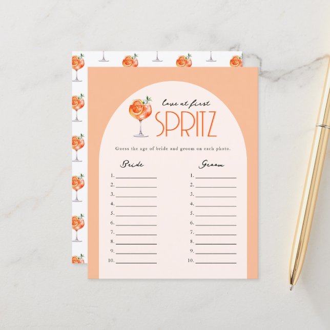 Elegant Love at First Spritz Bridal Shower Game (Front/Back In Situ)