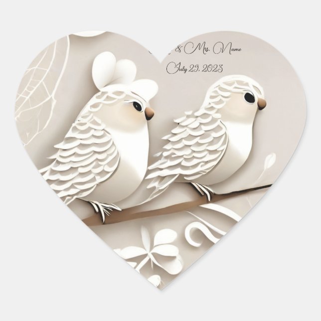 Elegant love birds taupe & white wedding sticker (Front)