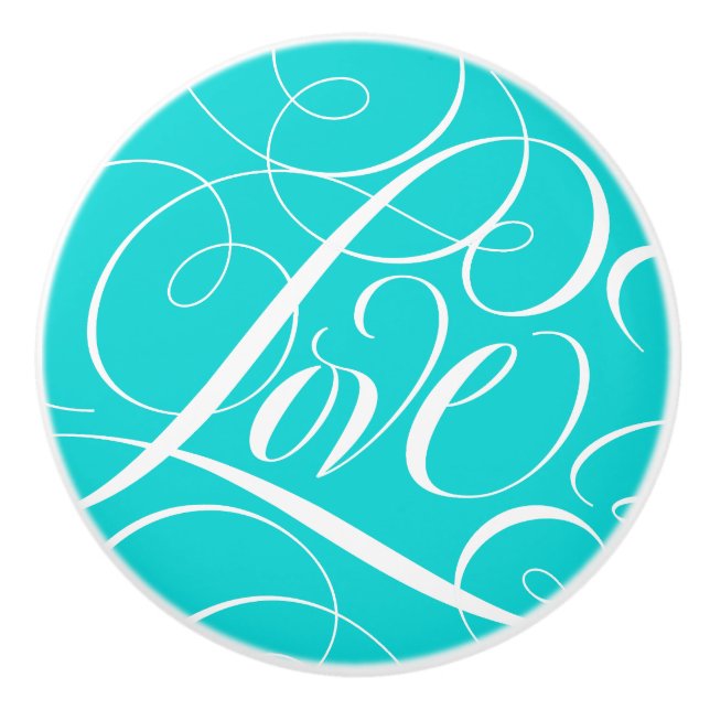 Elegant LOVE Calligraphy Script Aqua Teal Blue Gre Ceramic Knob (Front)