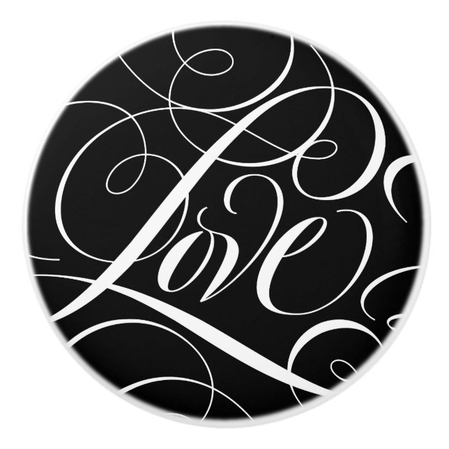 Elegant LOVE Calligraphy Script Black White Fancy Ceramic Knob (Front)
