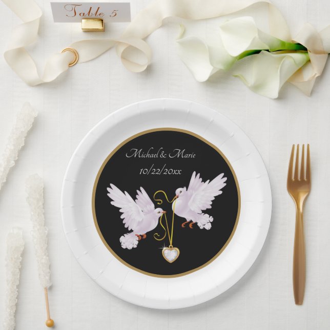elegant love doves add name date Wedding Paper Pla Paper Plate (Wedding)