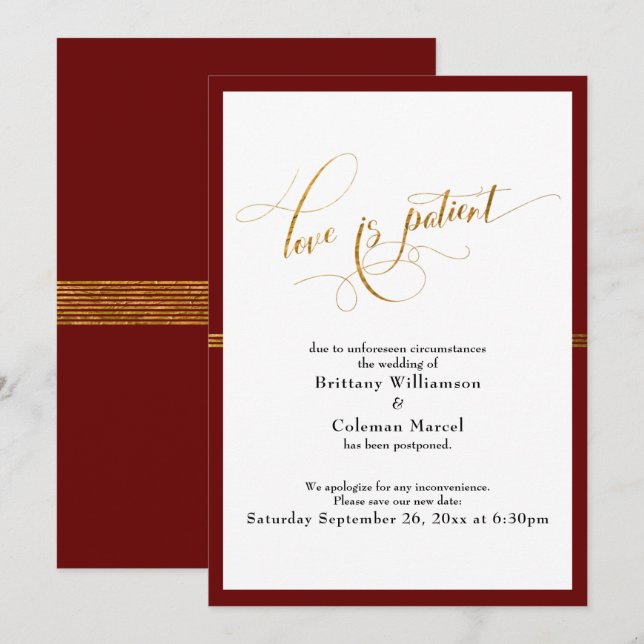 Elegant Love is Patient Burgundy Gold Stripe Card (Front/Back)
