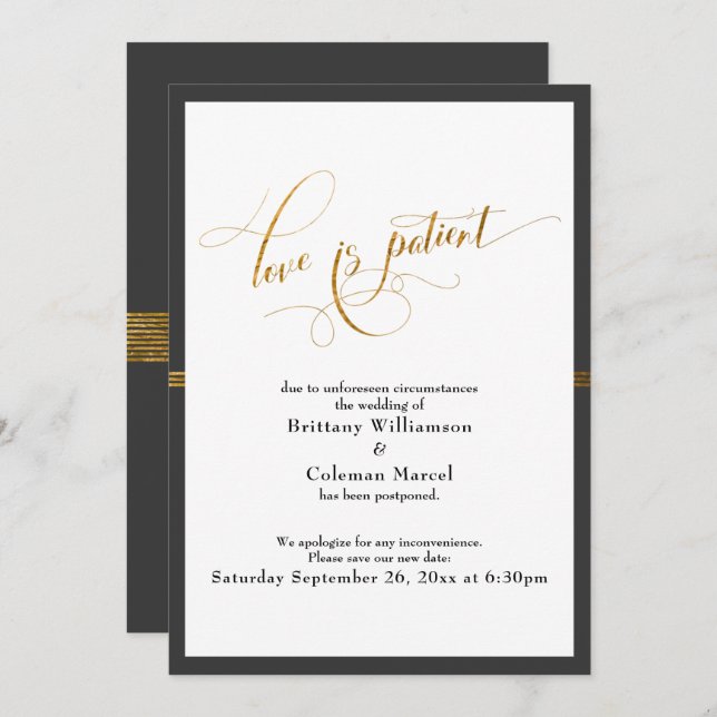 Elegant Love is Patient Dark Grey Gold Stripe Card (Front/Back)