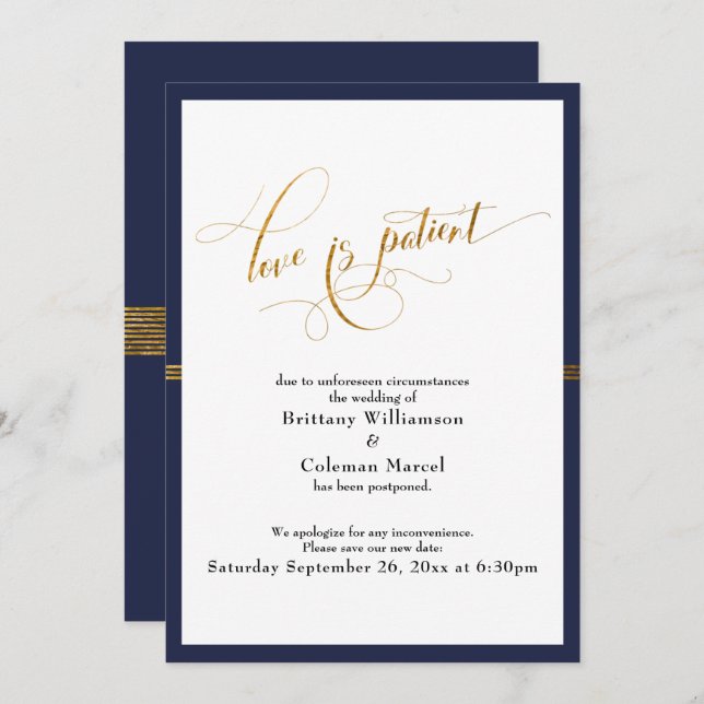 Elegant Love is Patient Navy & Gold Stripe Card (Front/Back)