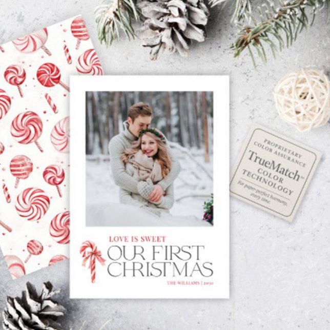 Elegant Love Is Sweet First Christmas Red Photo Holiday Card (Creator Uploaded)